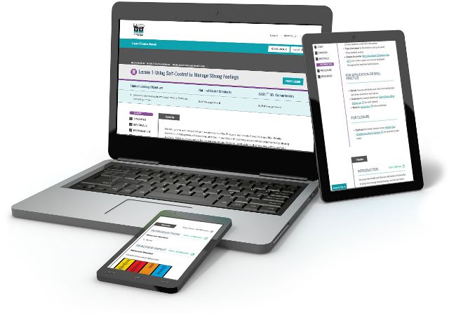 Image of a laptop, and 2 tablets with the Michigan Model for Health website on them